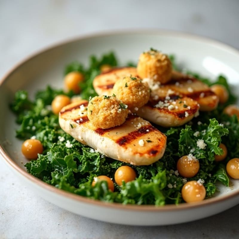 Herb-Grilled Chicken Kale Caesar with Crispy Chickpea Croutons