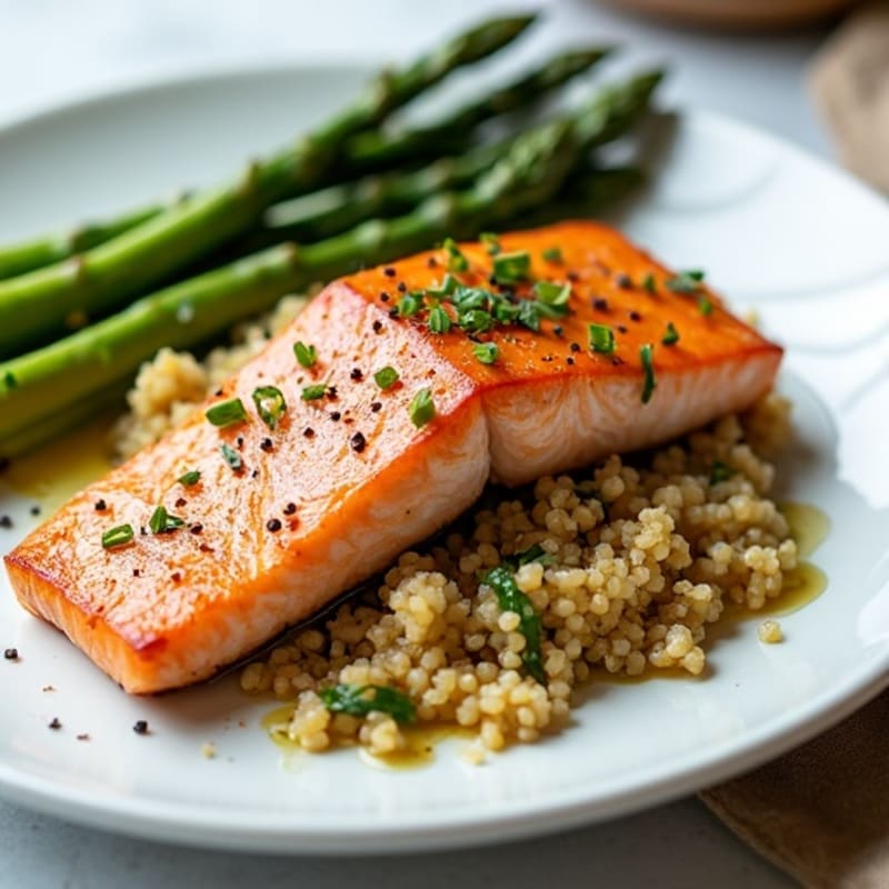 Seared Salmon Fillet with Garlic Quinoa and Roasted Asparagus