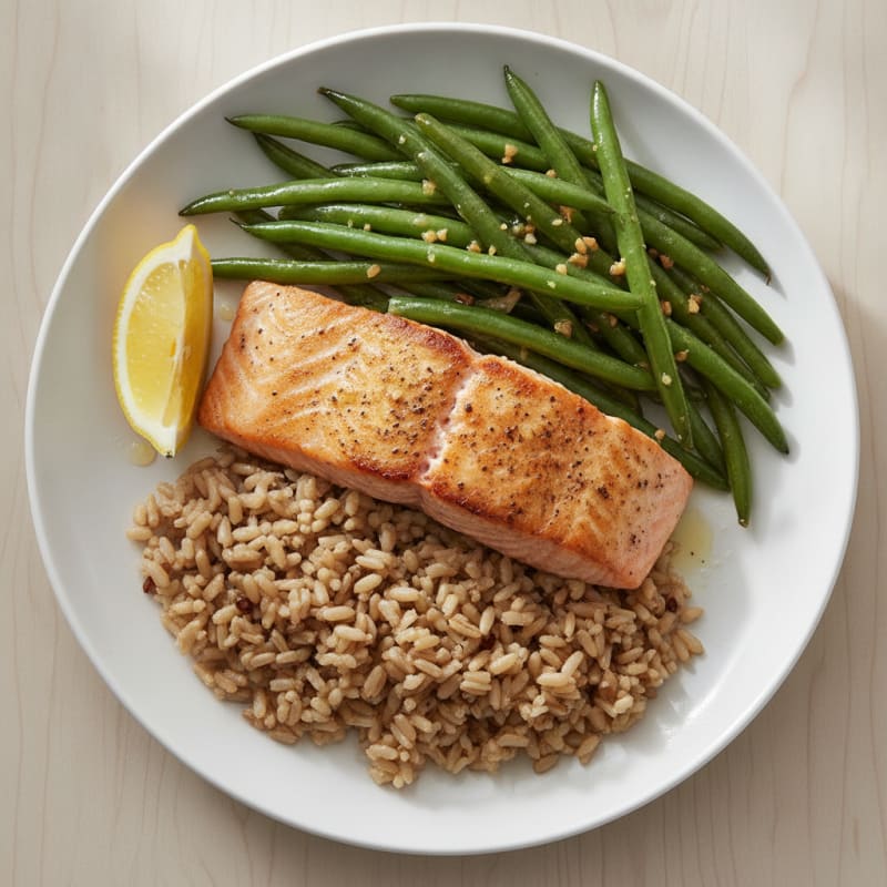 Seared Salmon with Garlic Green Beans and Steamed Brown Rice