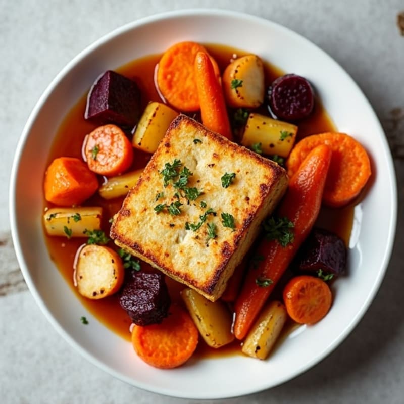 Crispy Baked Tofu with Roasted Root Vegetables