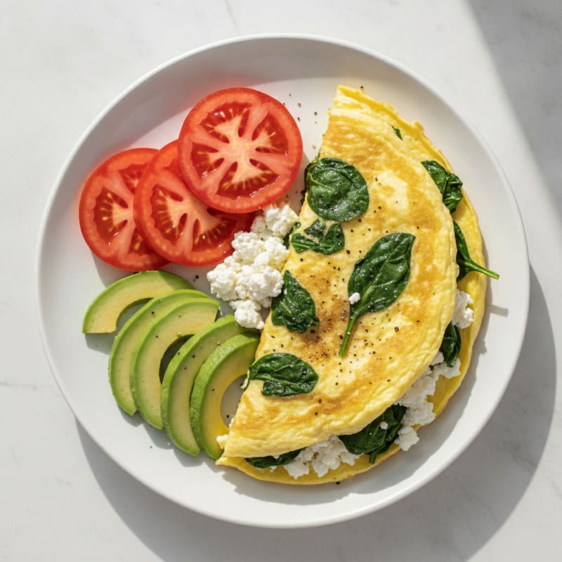 Egg White Spinach Omelette with Cottage Cheese and Sliced Tomatoes