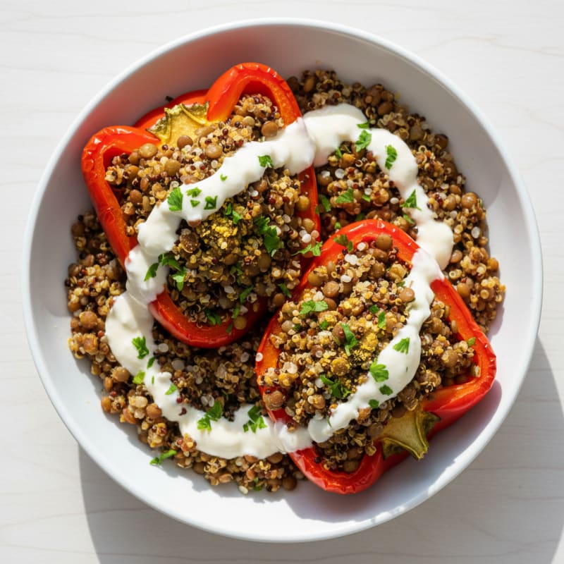 Lentil and Quinoa Stuffed Bell Peppers with Cashew Cream