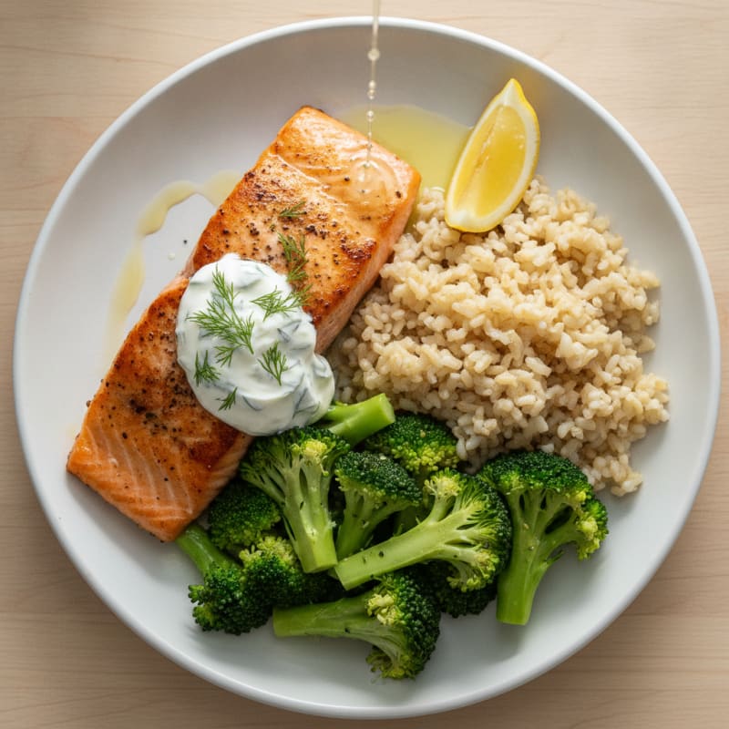 Pan-Seared Salmon with Steamed Broccoli and Brown Rice