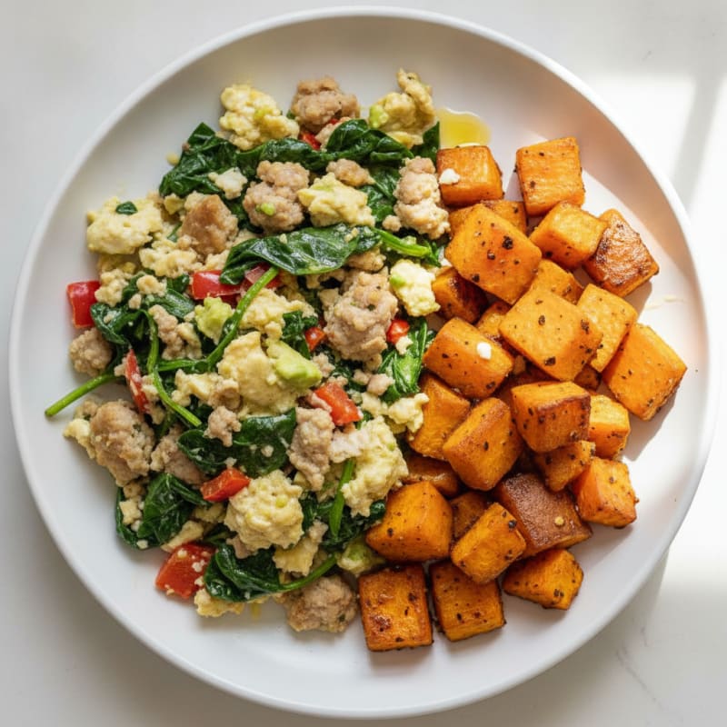 Egg White and Turkey Sausage Scramble with Roasted Sweet Potatoes