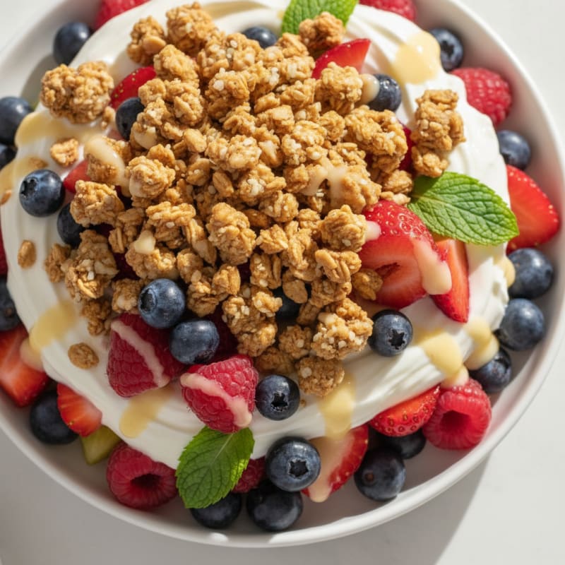 Greek Yogurt Parfait with Silky Protein Granola and Mixed Berries
