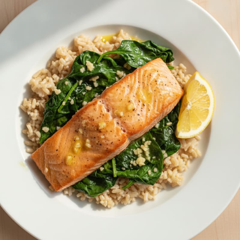 Seared Salmon with Garlic Spinach and Brown Rice