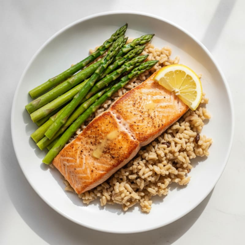 Seared Salmon with Steamed Asparagus and Brown Rice