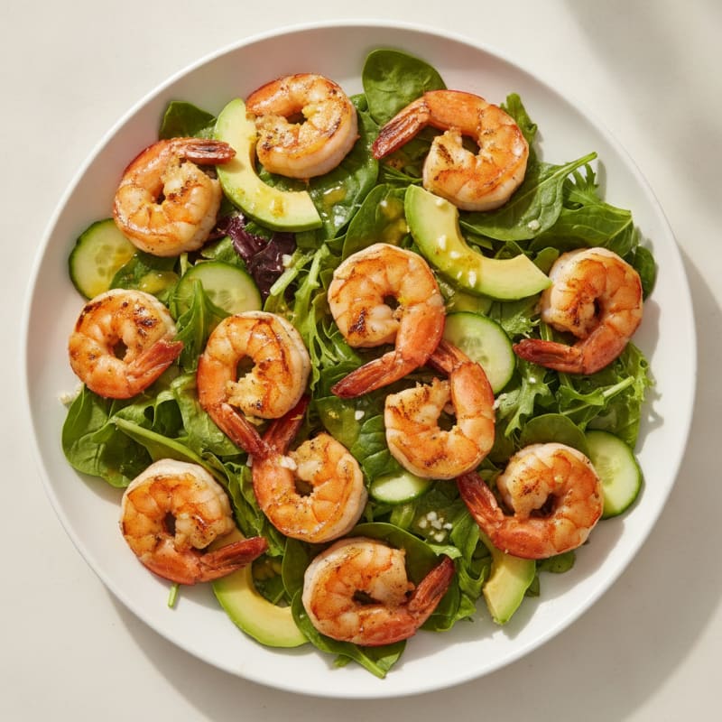Grilled Citrus-Garlic Shrimp Salad with Mixed Greens