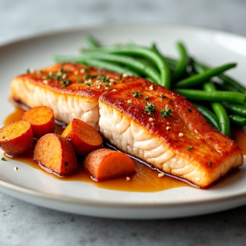 Crispy Maple-Glazed Salmon with Roasted Sweet Potatoes and Green Beans