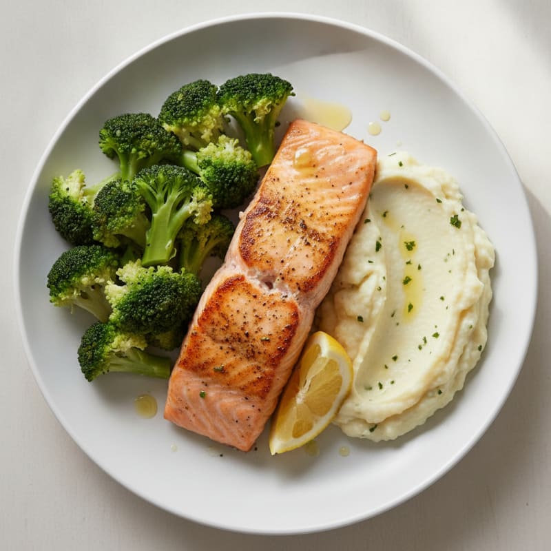 Pan-Seared Salmon with Steamed Broccoli and Garlic Mashed Cauliflower