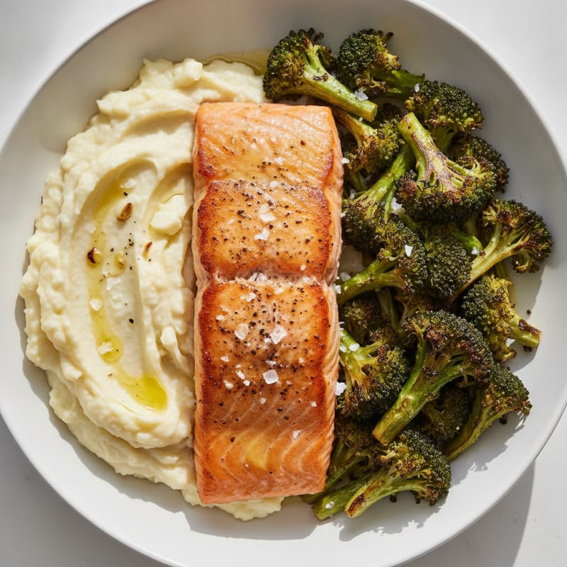 Seared Salmon with Roasted Broccoli and Garlic Mashed Cauliflower