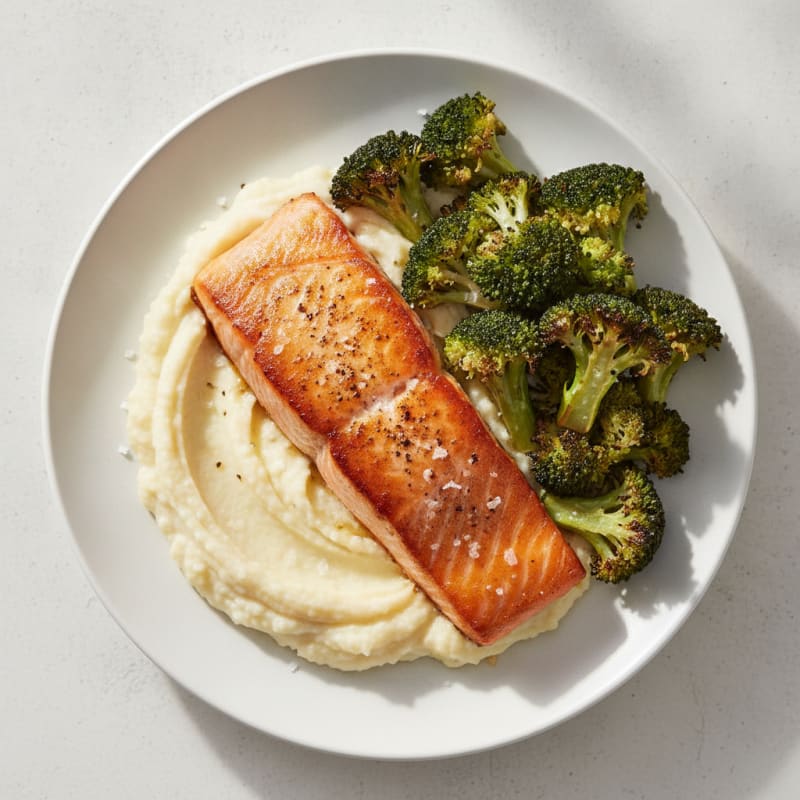 Seared Salmon with Roasted Broccoli and Garlic Mashed Cauliflower