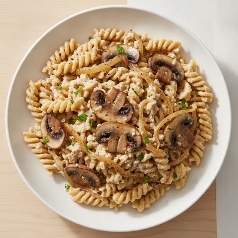 Mushroom Cashew Cream Pasta with Caramelized Onions