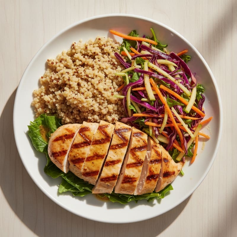 Grilled Chicken Breast with Crunchy Cabbage Slaw and Quinoa