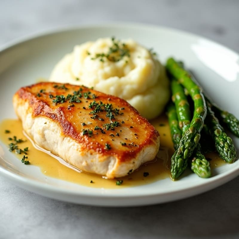 Garlic Herb Pan-Seared Chicken with Creamy Garlic Mashed Potatoes and Roasted Asparagus