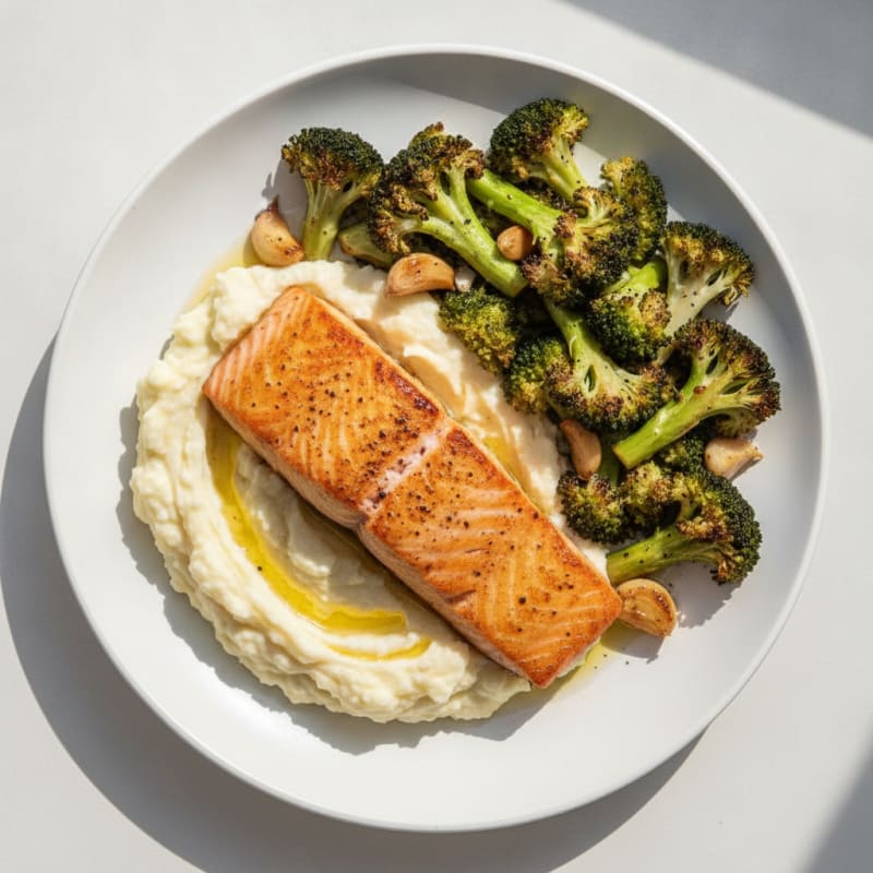 Seared Salmon with Roasted Broccoli and Garlic Mashed Cauliflower