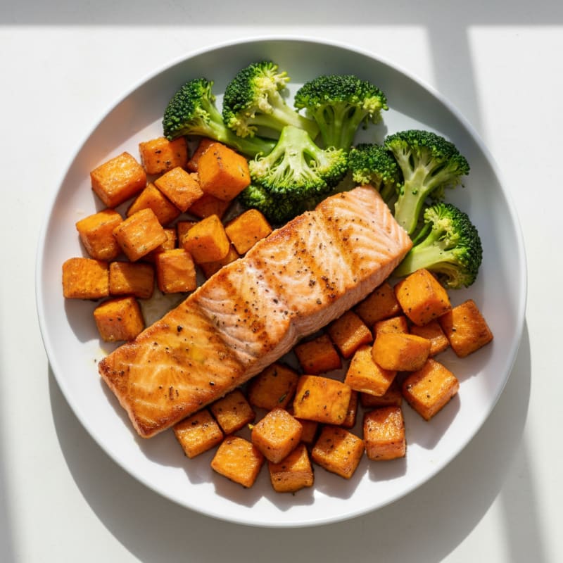 Seared Salmon with Roasted Sweet Potato and Steamed Broccoli