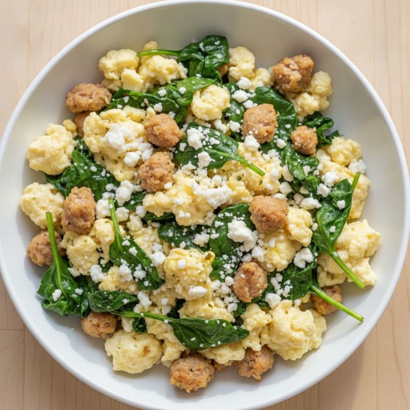 Egg White and Turkey Sausage Scramble with Spinach and Feta