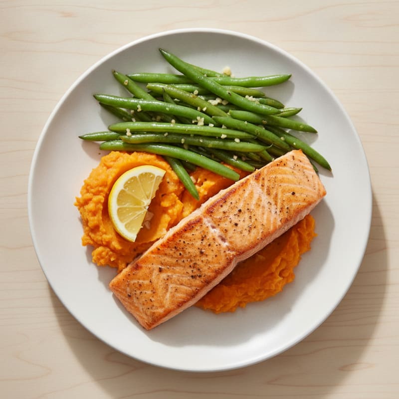 Seared Salmon Fillet with Garlic Green Beans and Mashed Sweet Potato