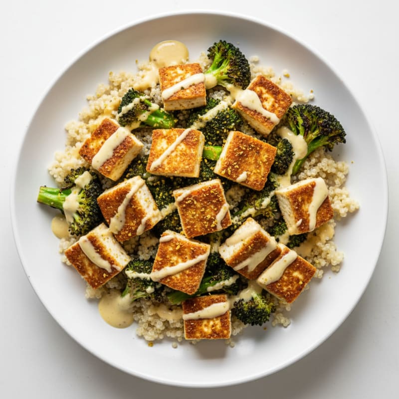 Crispy Tofu and Quinoa Bowl with Roasted Broccoli and Lemon Tahini Drizzle
