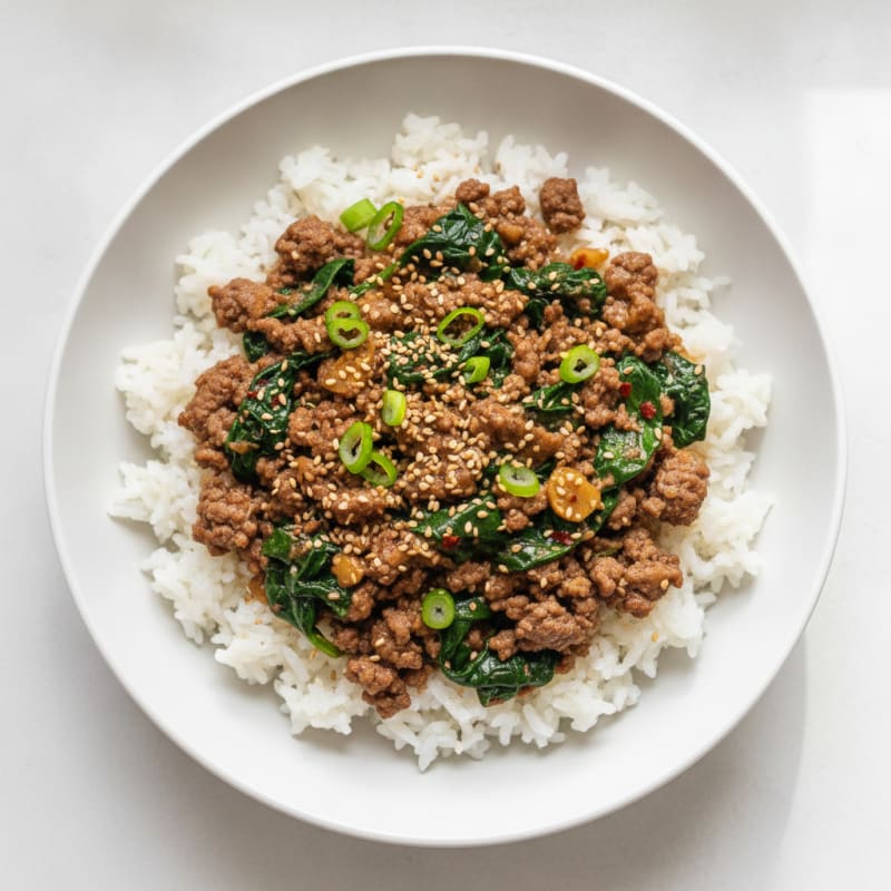 Sesame Beef and Spinach Rice Bowl
