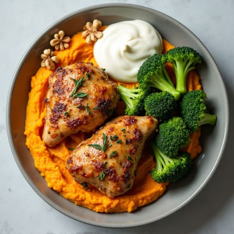 Herb-Roasted Chicken Thighs with Steamed Broccoli and Sweet Potato Mash
