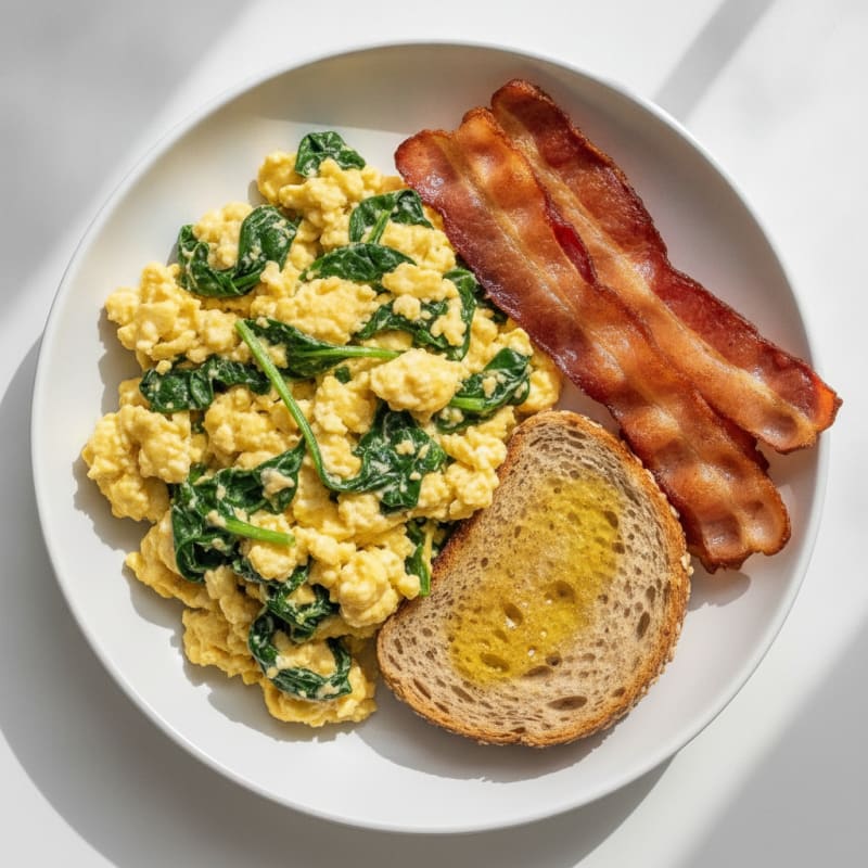 Cottage Cheese Egg Scramble with Spinach and Turkey Bacon