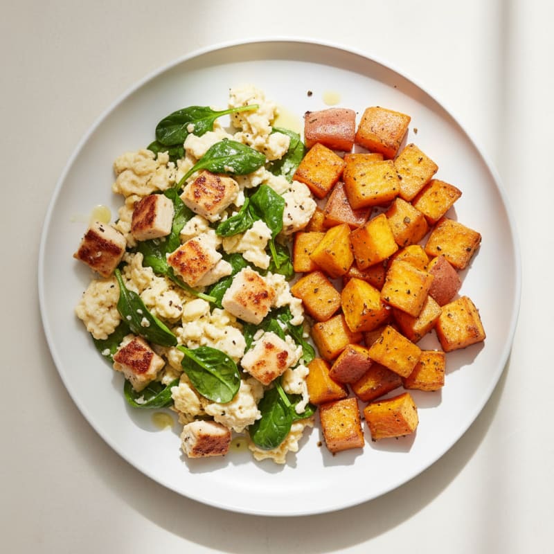 Chicken and Spinach Egg White Scramble with Roasted Sweet Potatoes