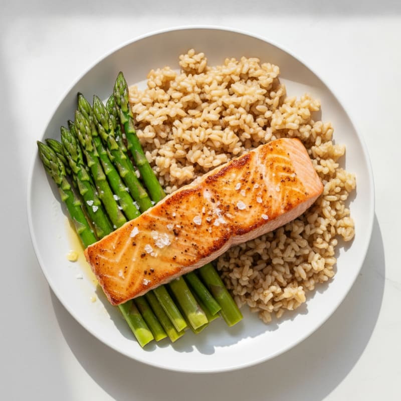 Seared Salmon with Steamed Asparagus and Brown Rice