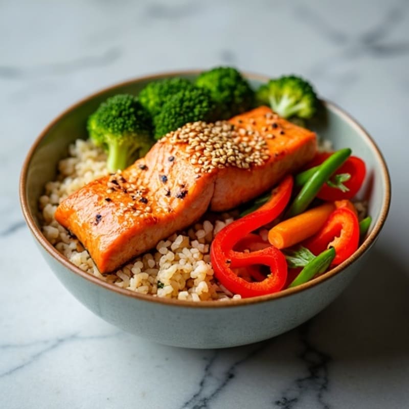 Seared Sesame Salmon Rice Bowl with Crunchy Veggies