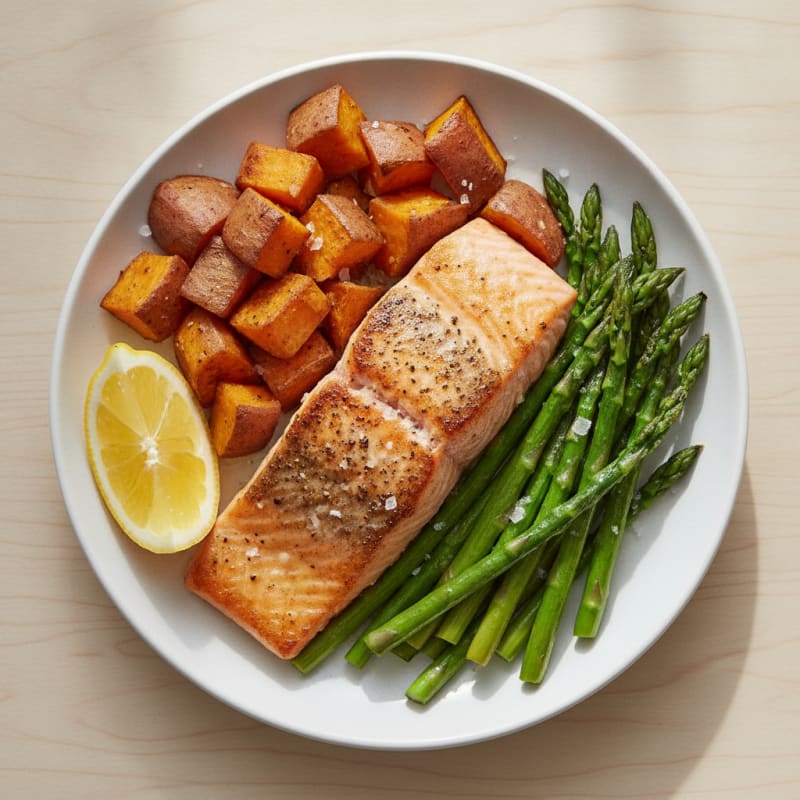 Seared Salmon with Roasted Sweet Potatoes and Asparagus