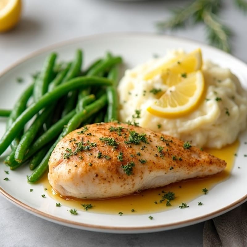 Lemon-Herb Roasted Chicken with Crispy Green Beans and Creamy Garlic Mashed Potatoes