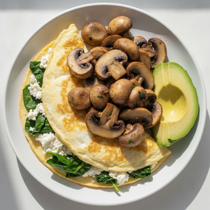 Egg White Spinach Omelette with Cottage Cheese and Sautéed Mushrooms