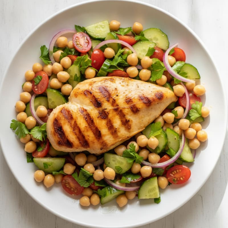 Grilled Chicken Breast with Chickpea Cucumber Salad