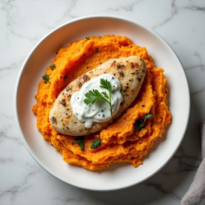 Creamy Herb Chicken with Roasted Sweet Potato Mash
