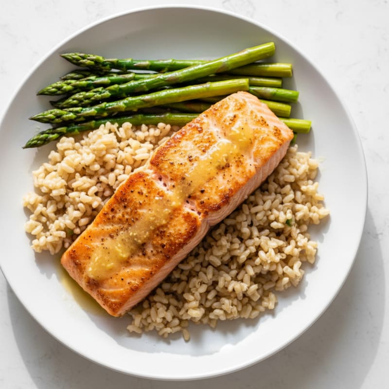 Seared Salmon with Steamed Asparagus and Brown Rice