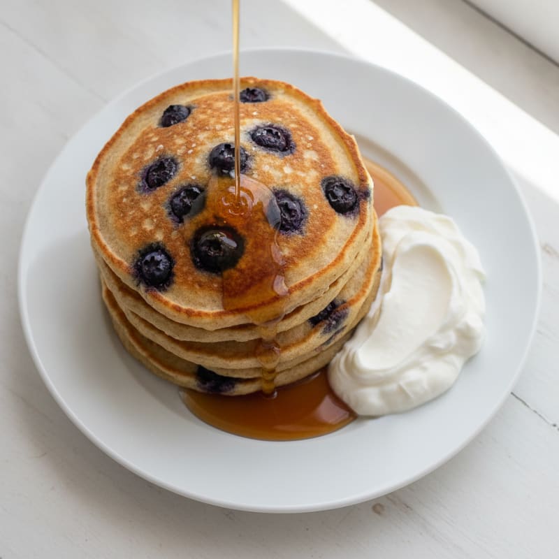 Blueberry Ricotta Pancakes with Maple Syrup
