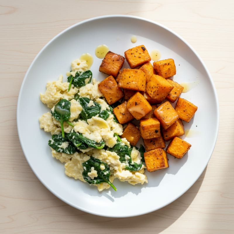 Egg White and Spinach Scramble with Roasted Sweet Potatoes