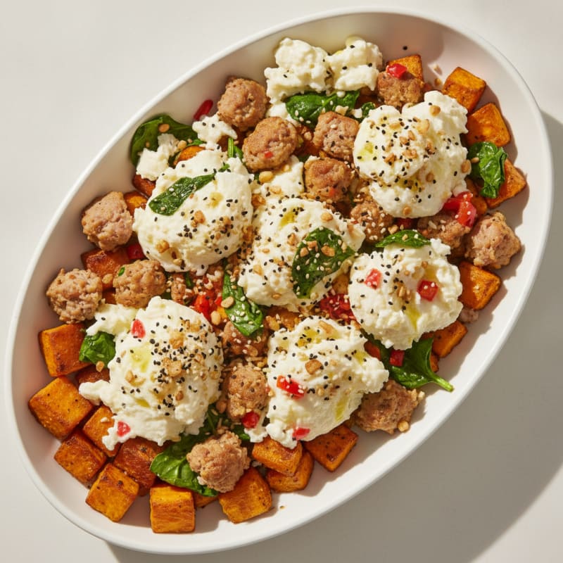 Egg White and Turkey Sausage Scramble with Roasted Sweet Potato