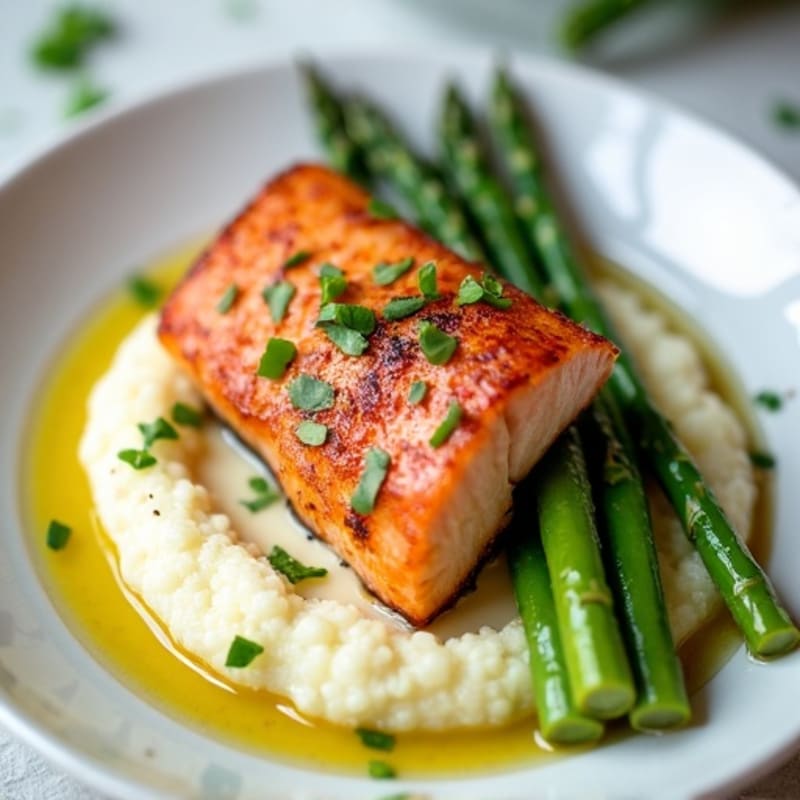 Pan-Seared Salmon with Steamed Asparagus and Cauliflower Mash