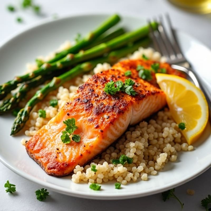 Crispy Pan-Seared Salmon with Fluffy Quinoa and Tender Roasted Asparagus