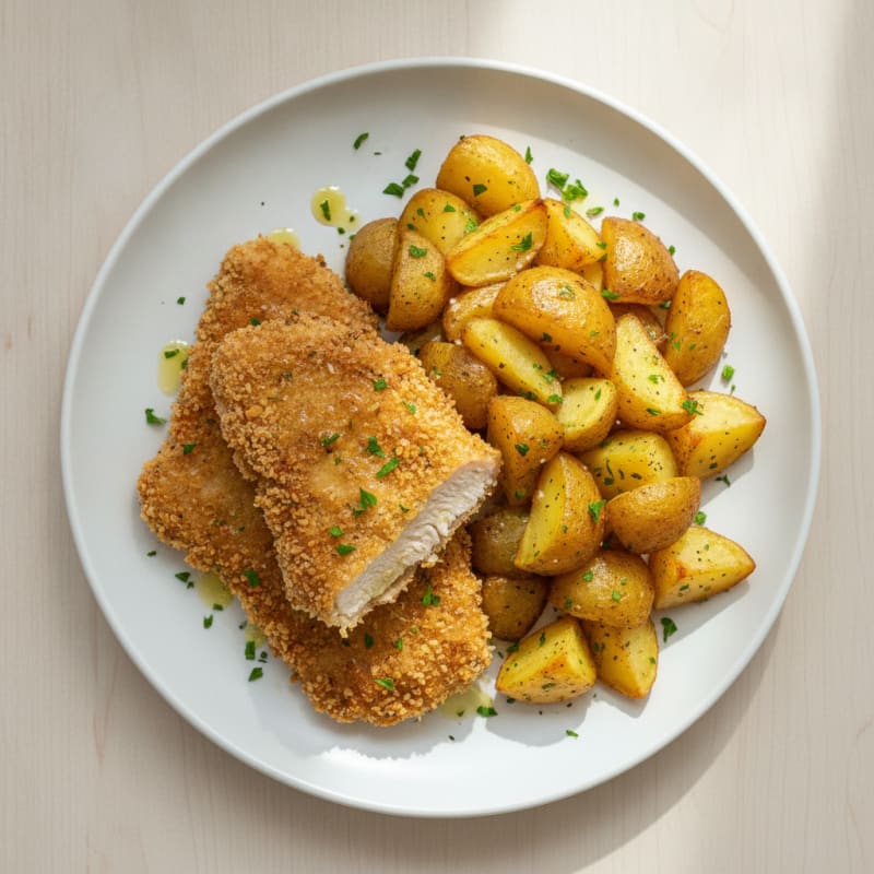 Air-Fried Chicken Schnitzel and Roasted Potatoes