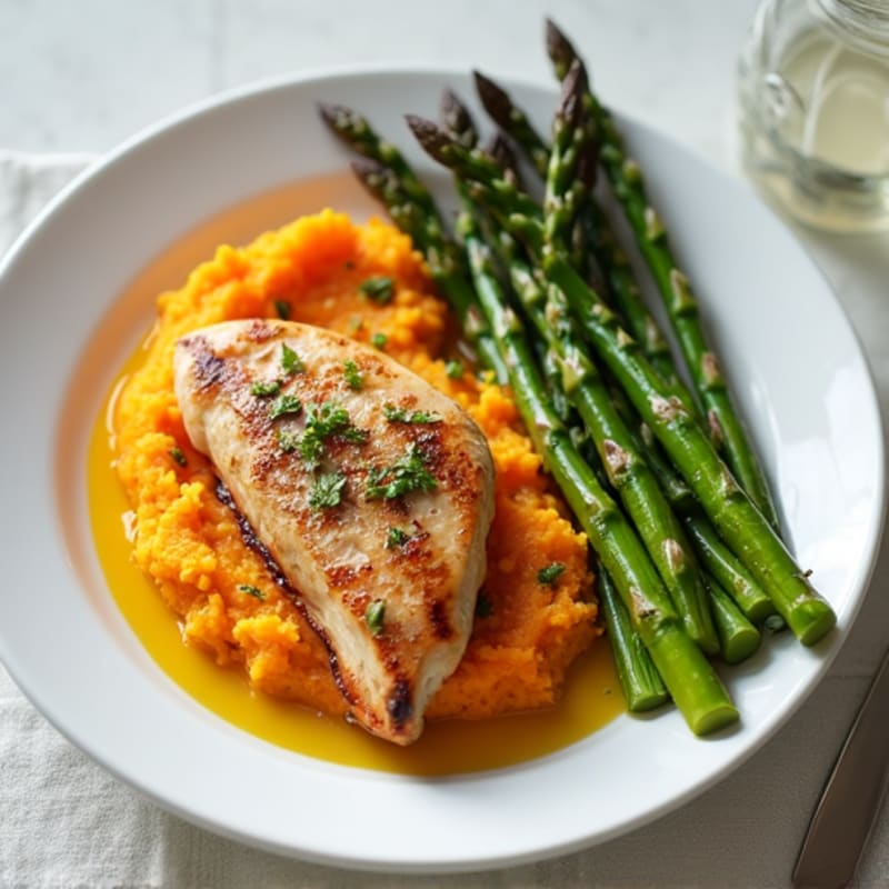 Seared Chicken Breast with Roasted Asparagus and Sweet Potato Mash