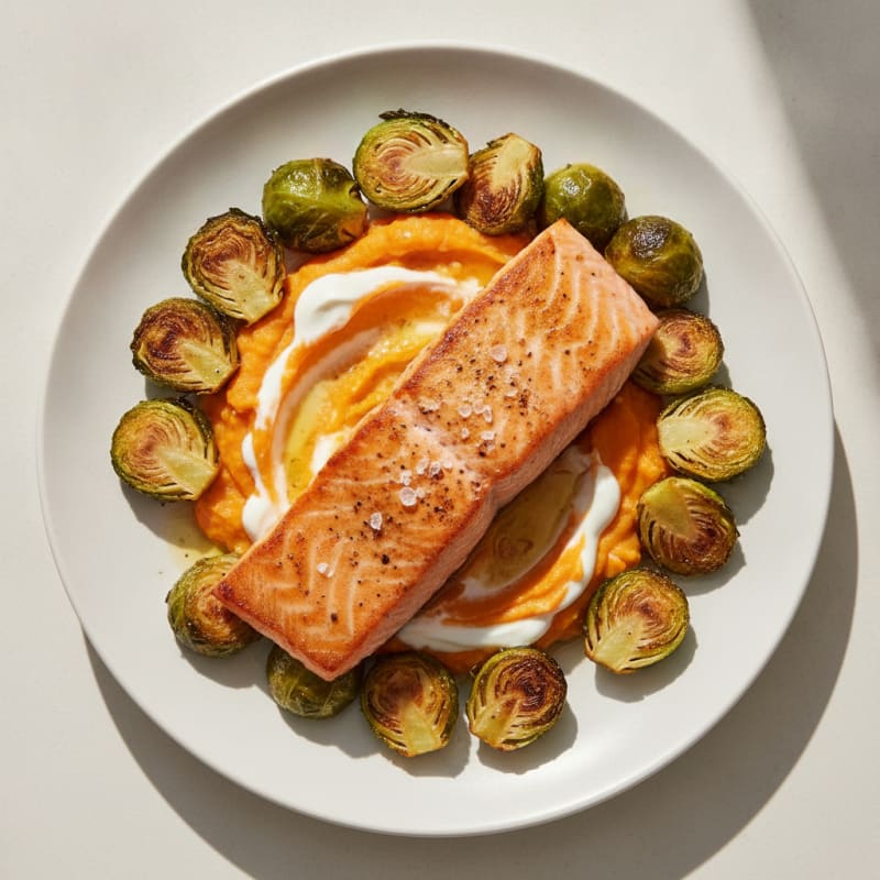 Seared Salmon with Roasted Brussels Sprouts and Sweet Potato Mash