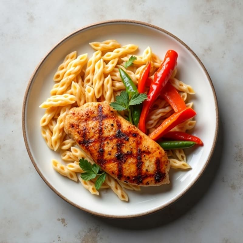 Spicy Seared Chicken with Creamy Pasta and Sautéed Bell Peppers