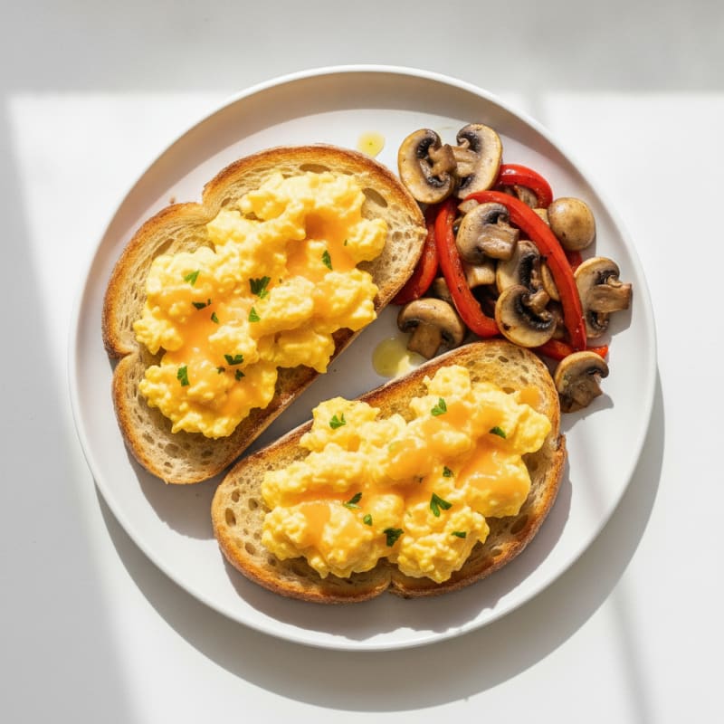 Egg and Sharp Cheddar Sourdough Toast with Sautéed Mushrooms and Peppers