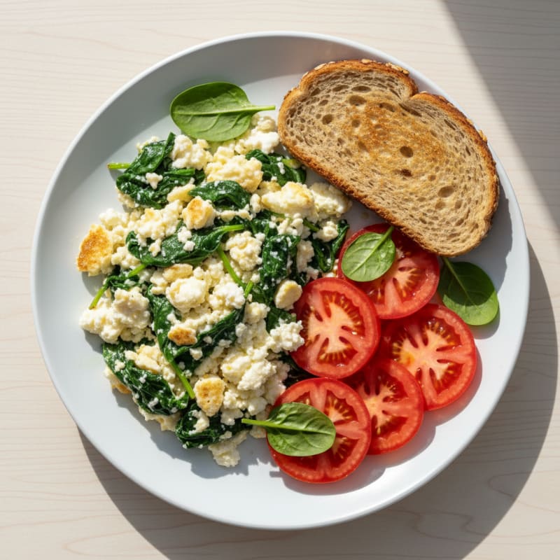 Egg White and Spinach Scramble with Cottage Cheese and Tomato
