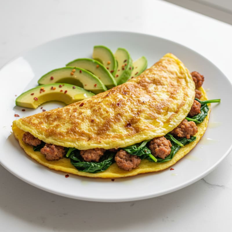 Crispy Egg White Omelette with Turkey Sausage and Spinach