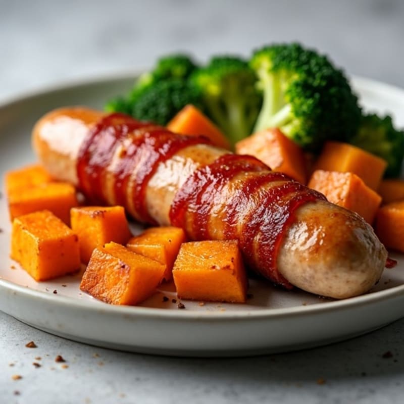 Crispy Bacon-Wrapped Lean Turkey Sausage with Roasted Sweet Potatoes and Broccoli