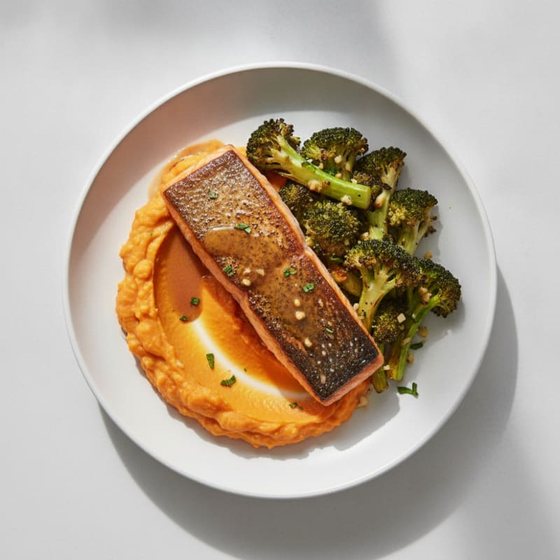 Seared Salmon with Roasted Broccoli and Sweet Potato Mash